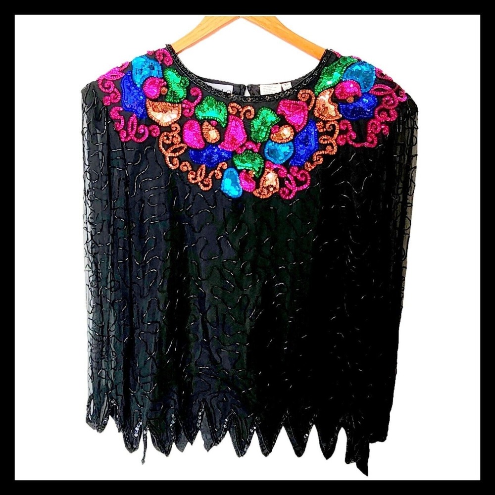 Vintage 80's Swee Lo Black Silk Sequin Bling Cocktail Evening Blouse XL Long Sle